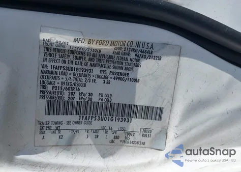 2001 Ford Taurus Se z USA, uszkodzony, nr VIN 1FAFP53U01G193931